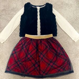 3 piece girls fur vest plaid skirt dress outfit size XS 4-5